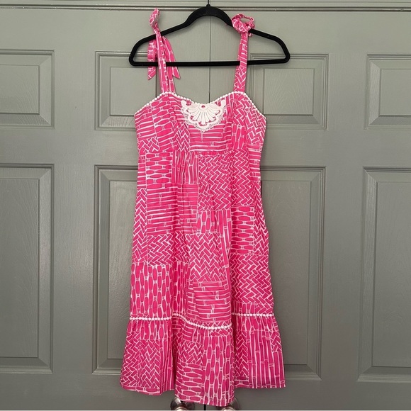 Lilly Pulitzer Cormick Dress Pink and White Bamboo with Embroidery Bow Straps - Picture 1 of 5